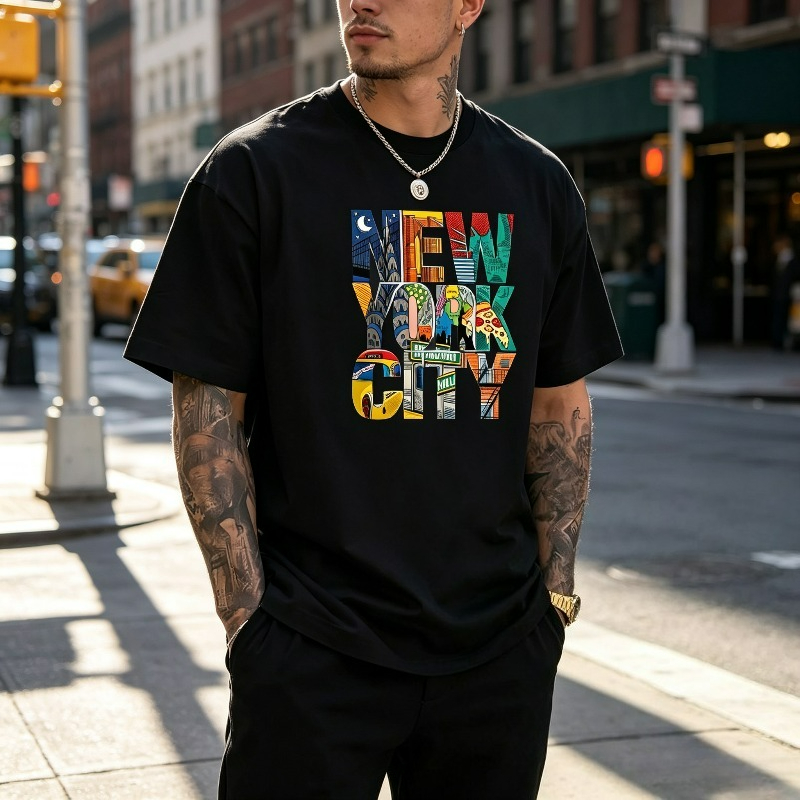 Street Fashion Nyc - تي شيرت برسومات مدينة نيويورك للرجال،
